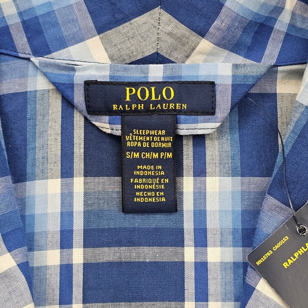 Polo Ralph Lauren Robe Mens S/M Blue White Plaid Cotton Shawl Collar Preppy NEW - Picture 7 of 8
